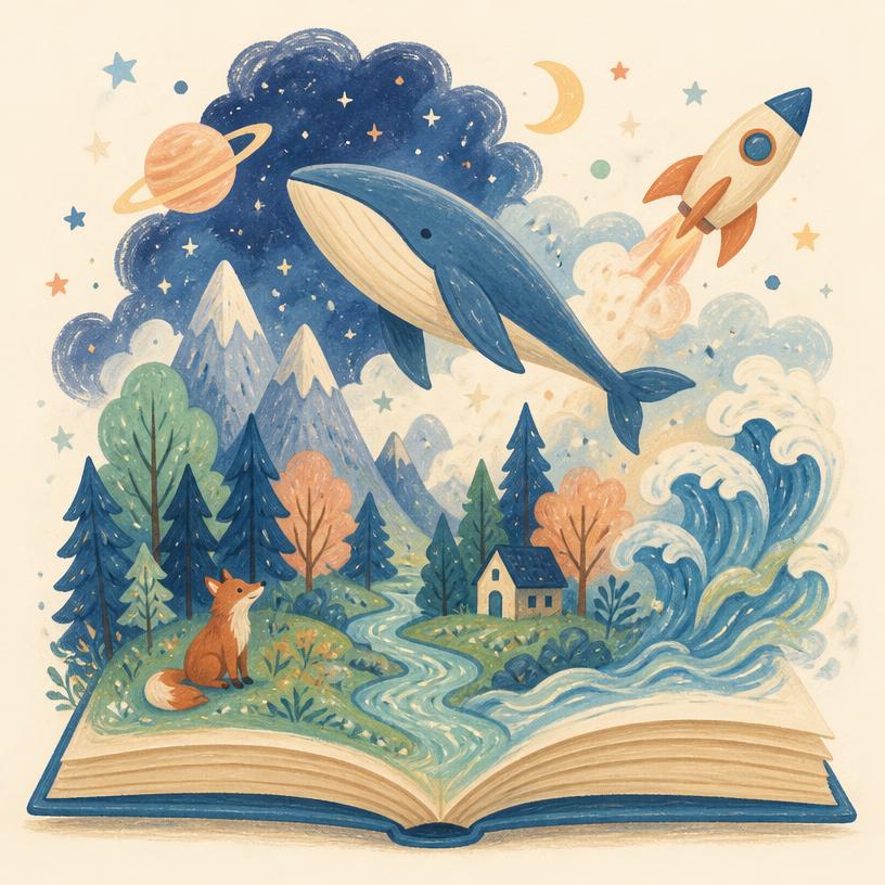 An open storybook with a forest, a whale and a rocket floating out of its pages