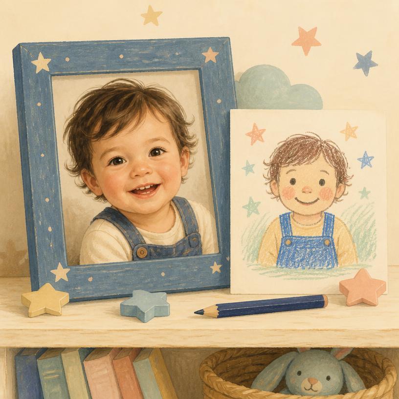 A framed photo of a toddler beside a crayon drawing of the same child