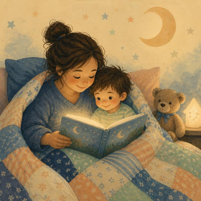 A parent and small child reading a glowing picture book under a quilt at bedtime