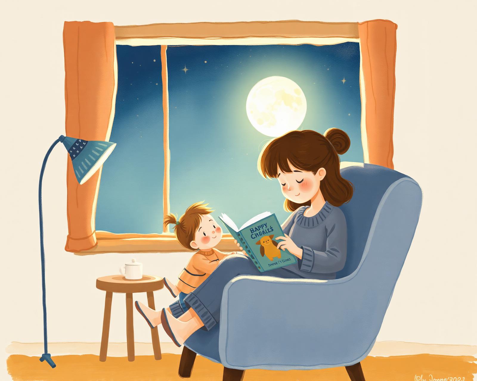 A parent and toddler reading a picture book together by a moonlit window