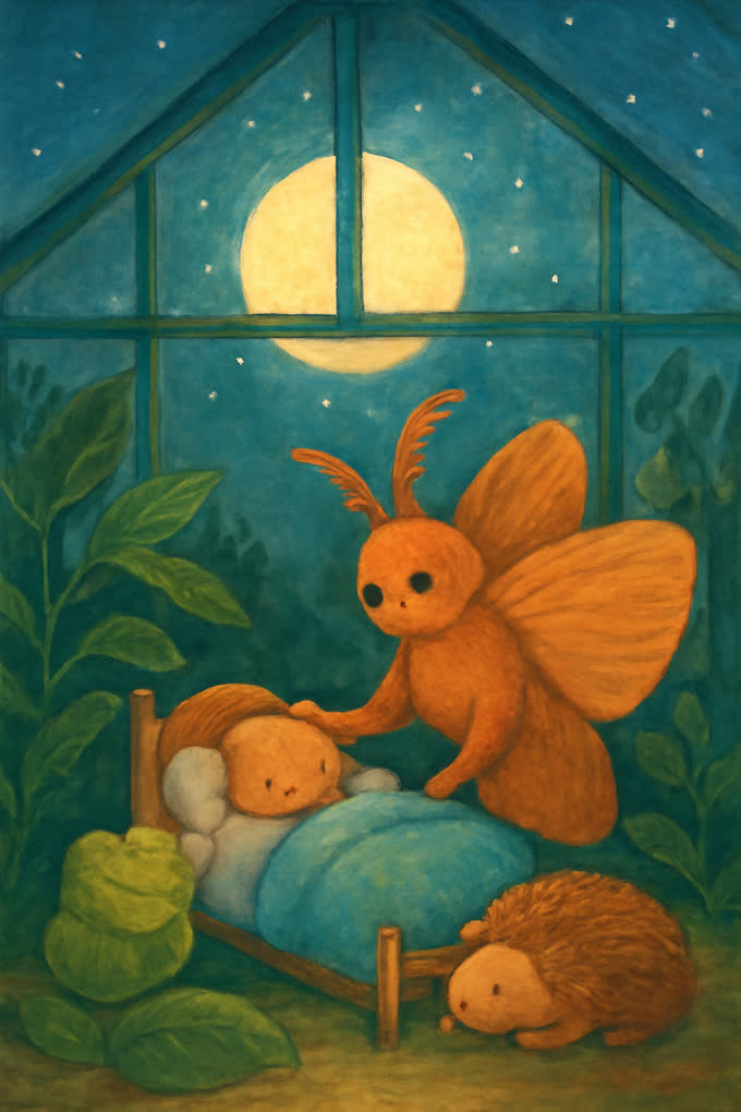 Cover illustration for Moth and the Moonlit Greenhouse