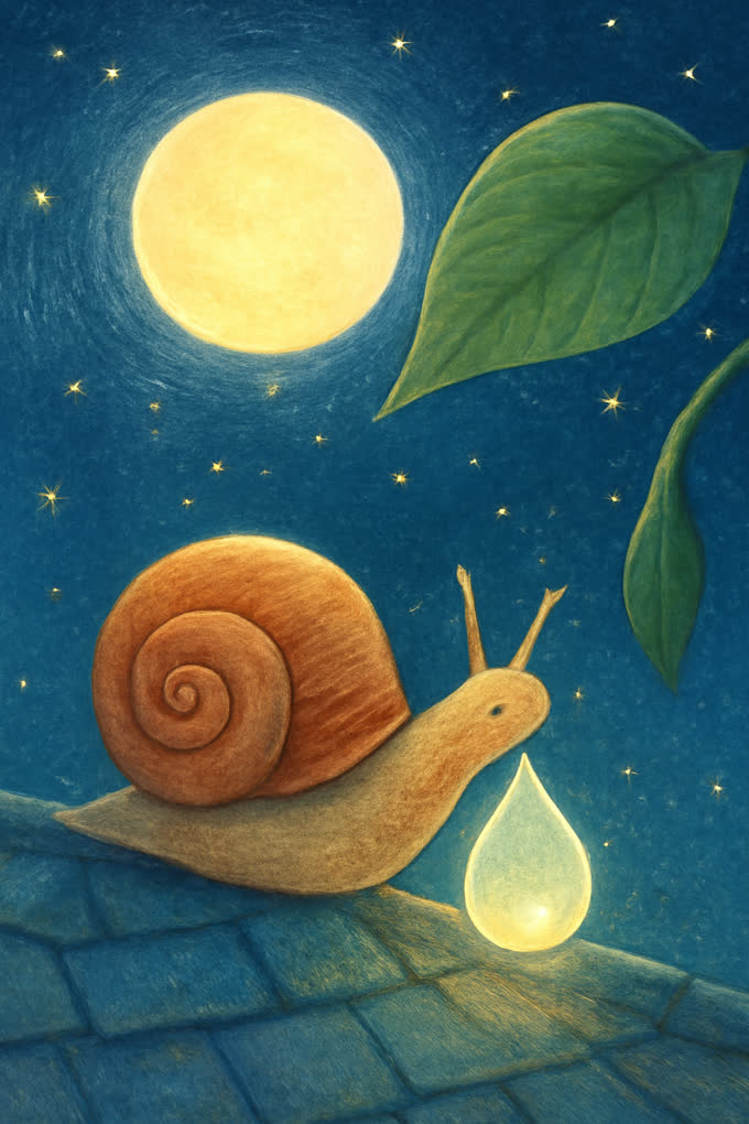 Cover illustration for The Snail’s Moonlit Dewdrop
